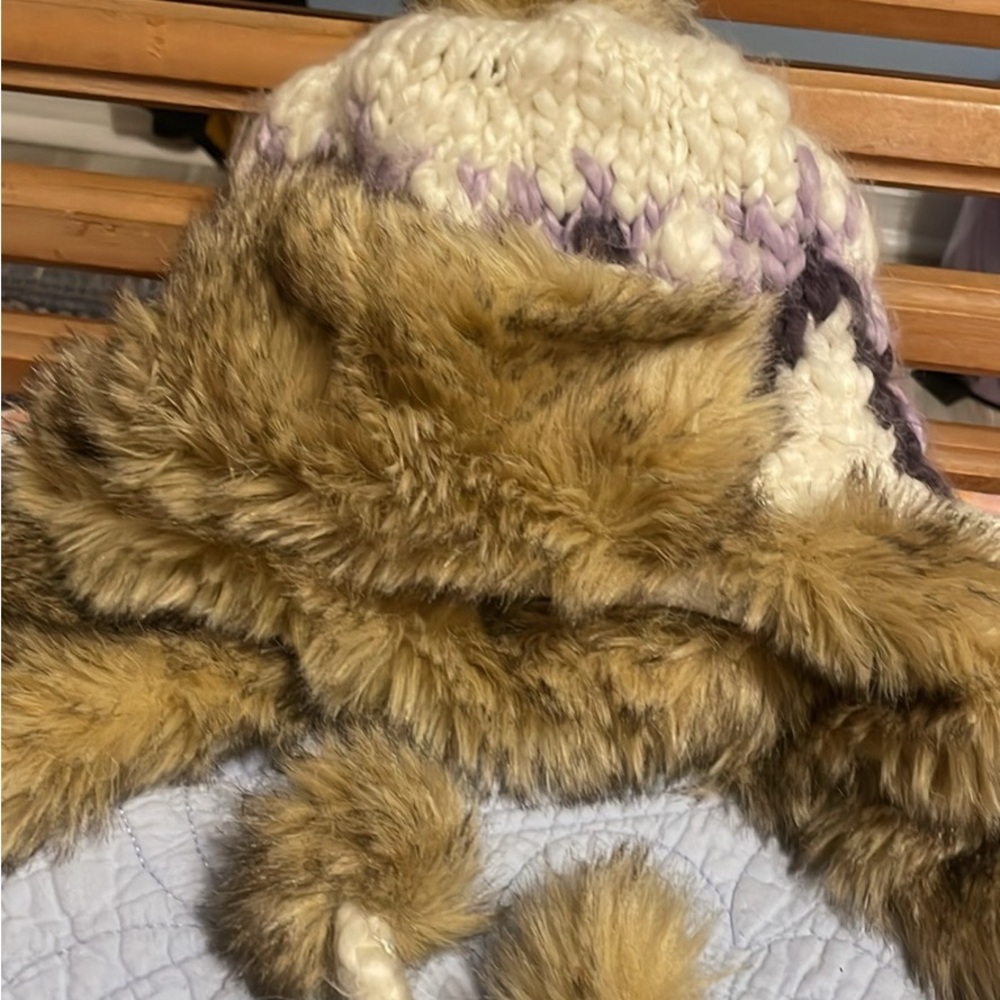 American Eagle Outfitters Faux Fur Knit Hat - Brown and Cream